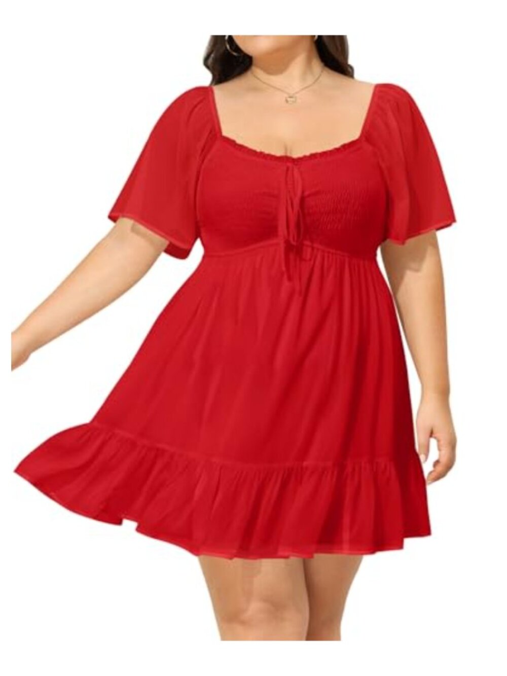 Plus Size Sweetheart Neckline Smocked Chiffon Mini Sundress A-Line
